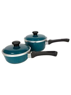2 Vintage Club Aluminum Teal Nonstick Sauce Pans With Lids 1 QT 2 Quart Cookware